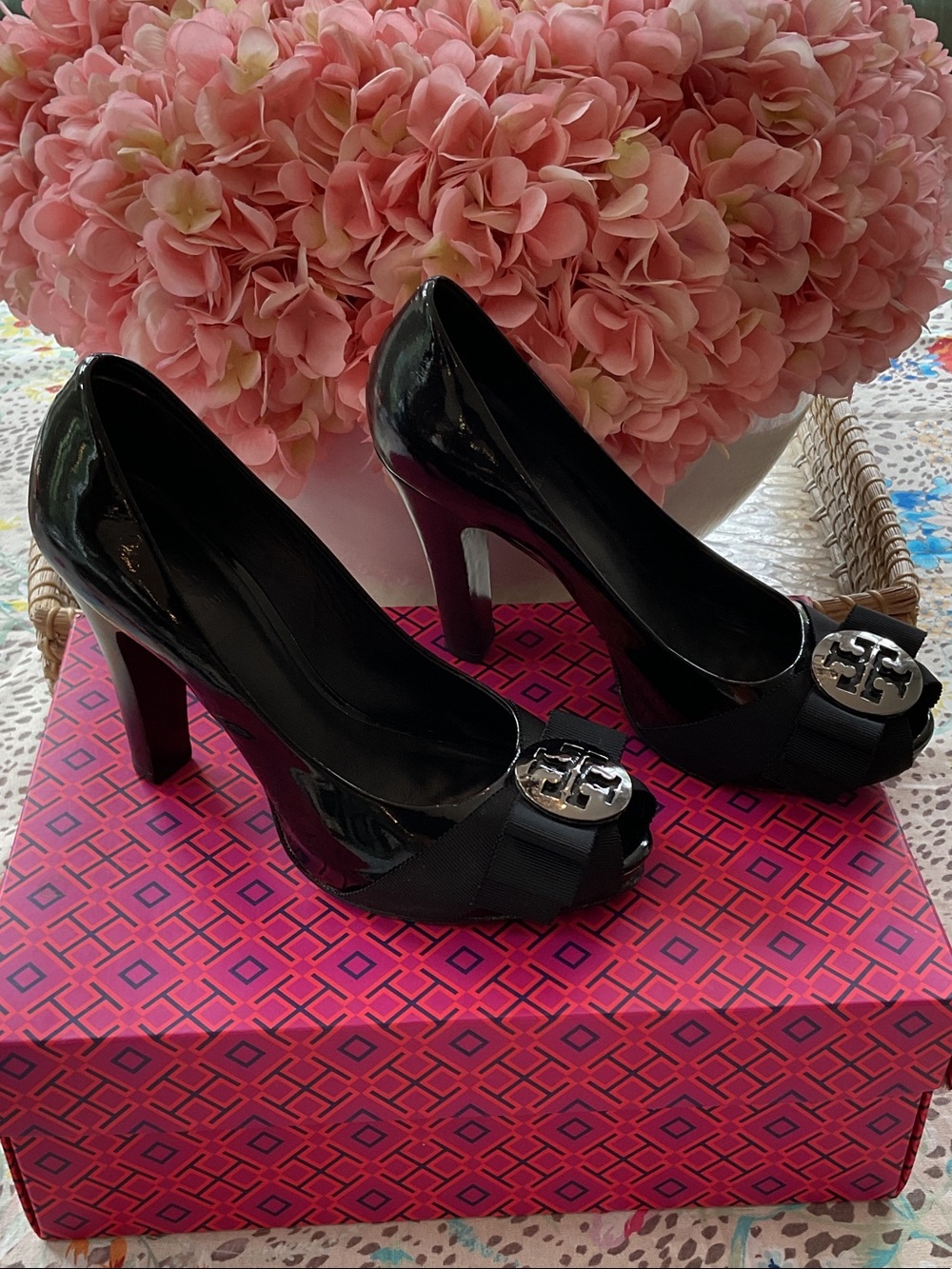 Tory Burch Black Patent Peep-Toe Heels with Silver Logo
